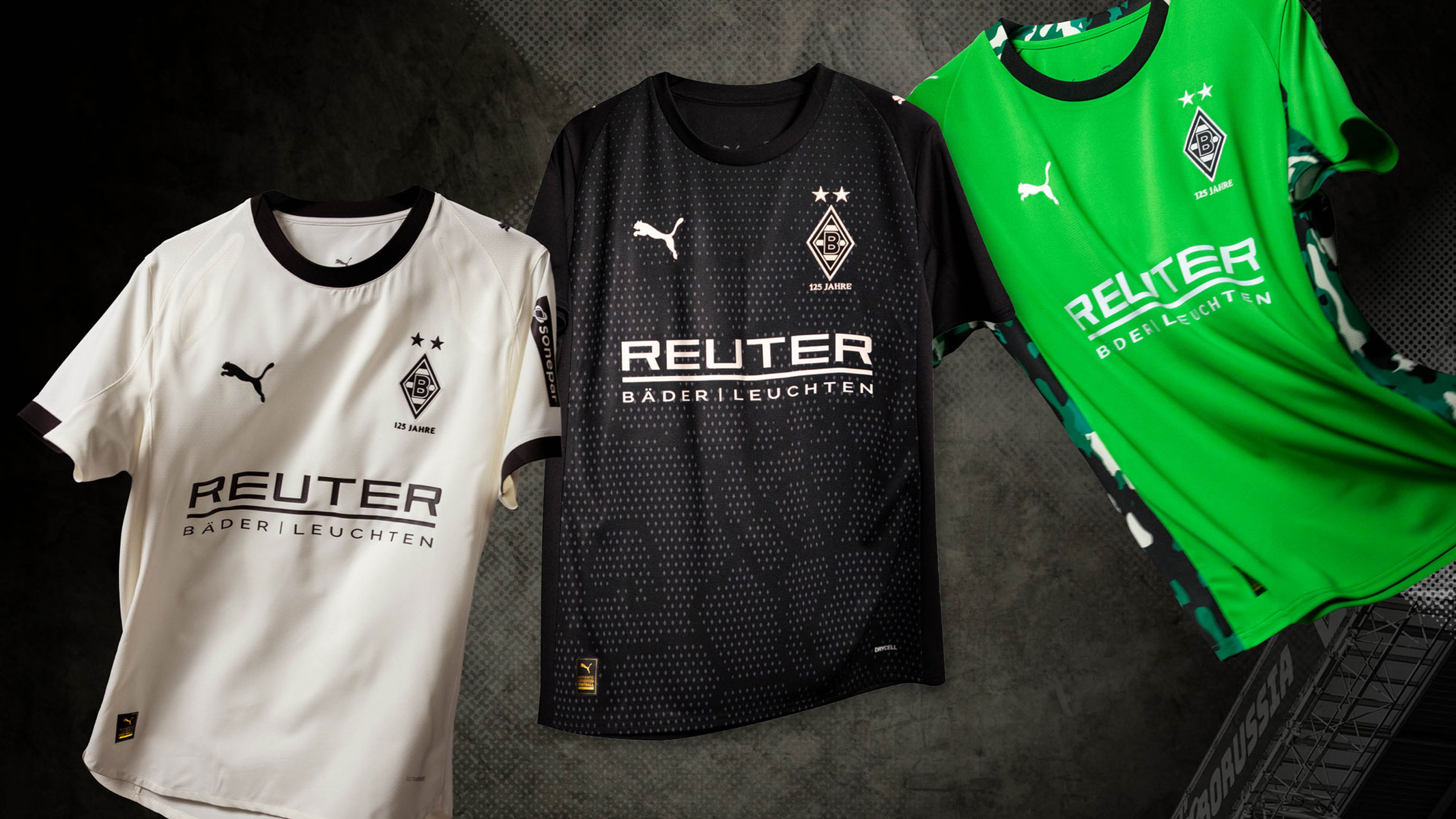 Three Borussia Mönchengladbach jerseys displayed: white, black, and green, each with Puma logo and Reuter sponsor branding.