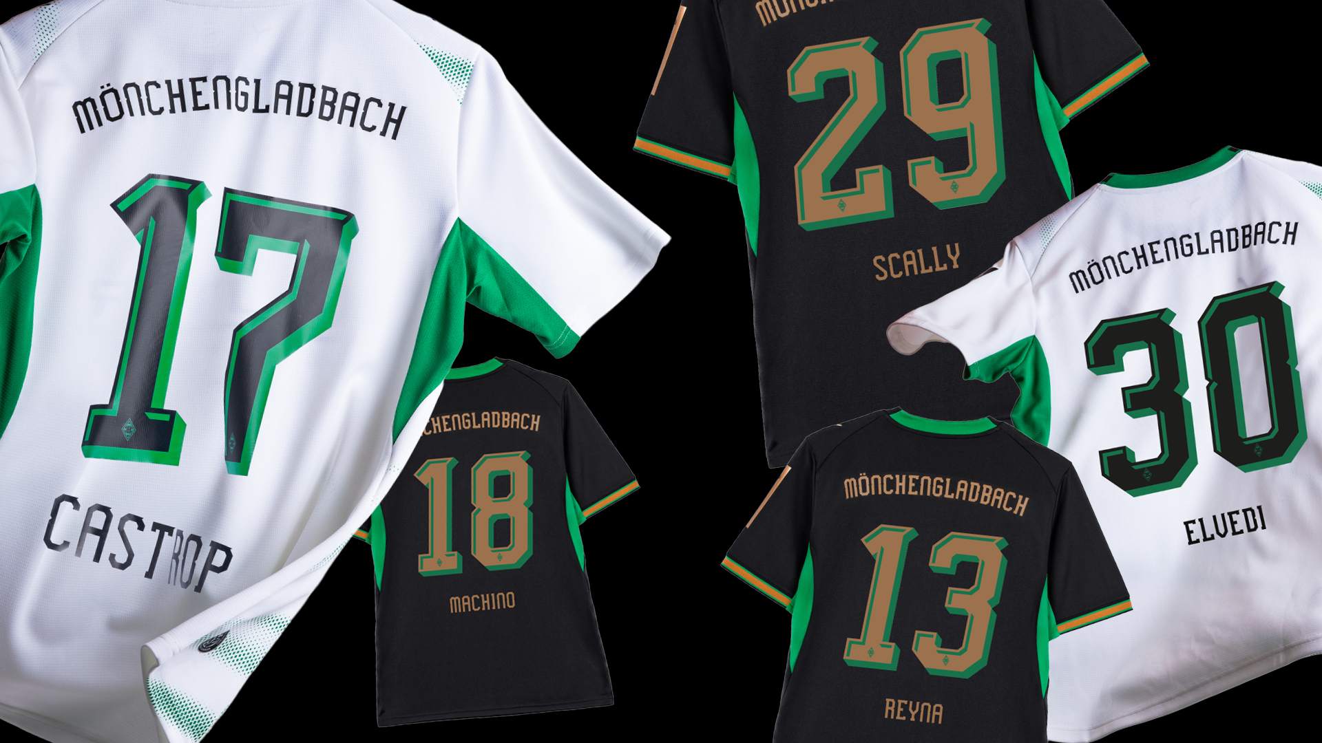 Four Mönchengladbach soccer jerseys in white and black with player names: Castrop, Scally, Machino, Reyna, Elvedi.