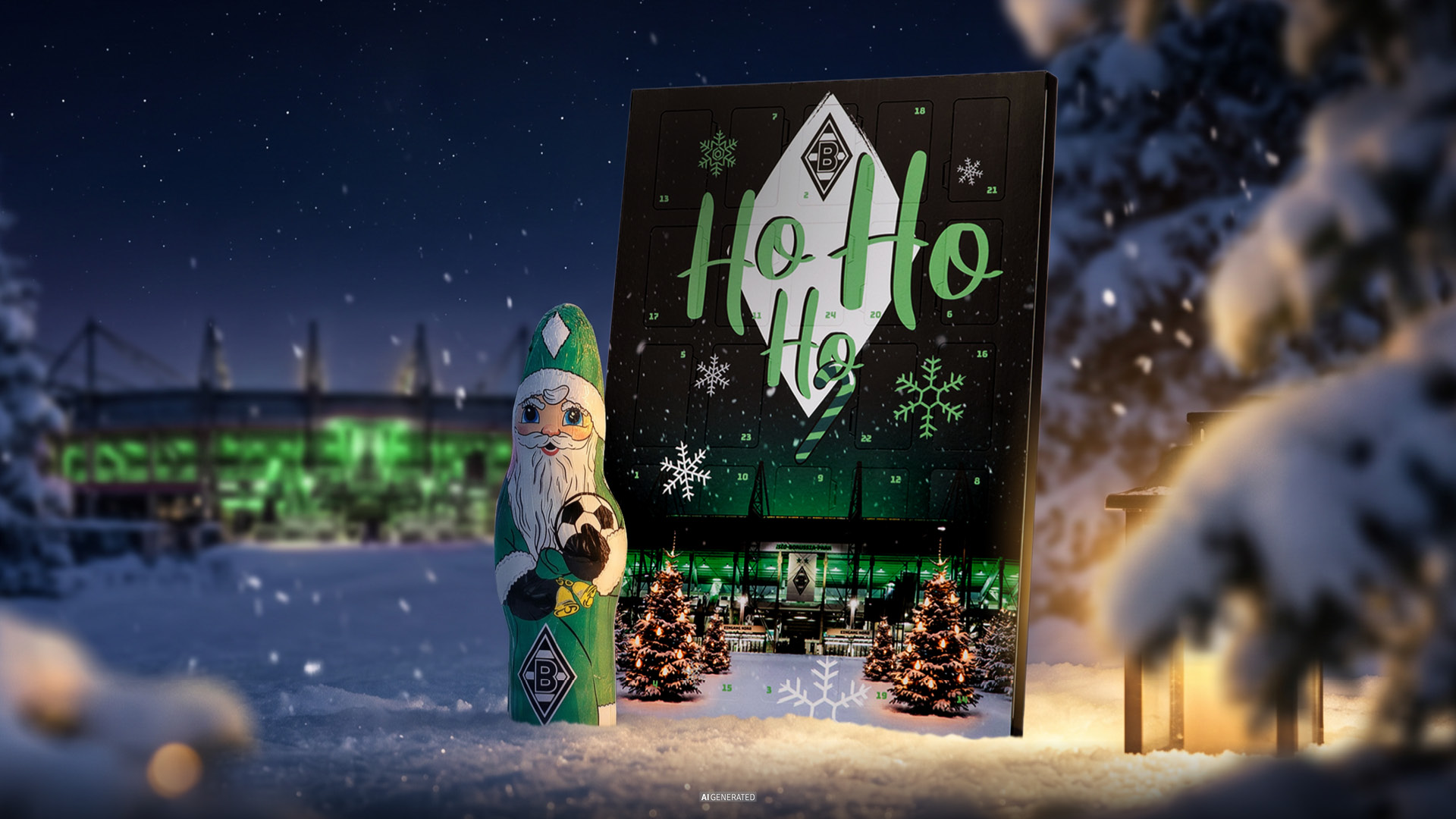 Christmas-themed display with a green-clad Santa figure holding a soccer ball, snowy backdrop, and "Ho Ho Ho" text on a decorated board.