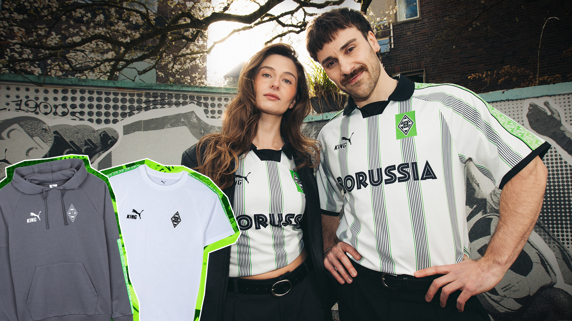 Two people wearing Borussia sports jerseys pose confidently; inset shows a hoodie and t-shirt with similar designs.