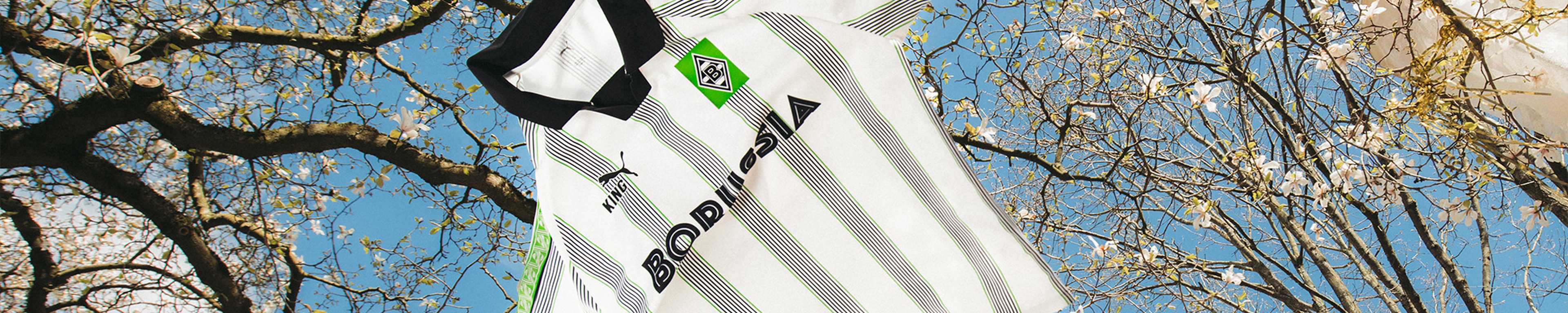 A white and black-striped soccer jersey with a green logo, suspended against a blue sky with tree branches.