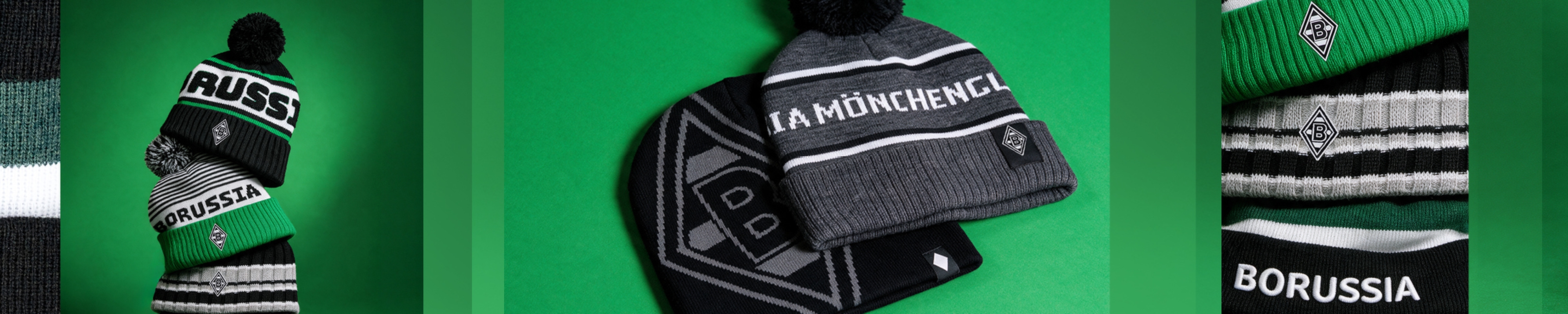 Three panels showing black, white, and green Borussia winter hats and scarves with team logos on a green background.