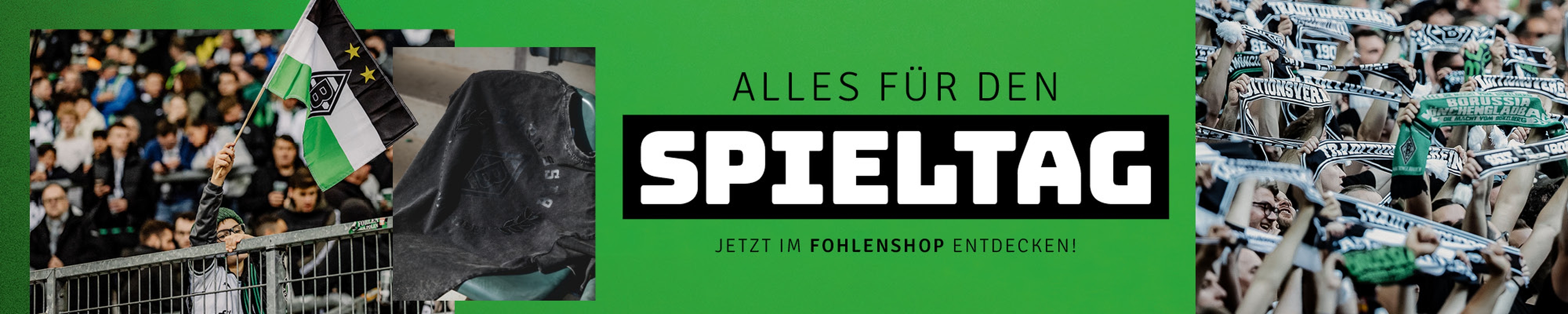 Crowd cheering with scarves and flags at a football match; text says "Alles für den Spieltag. Jetzt im Fohlenshop entdecken!" on a green background.