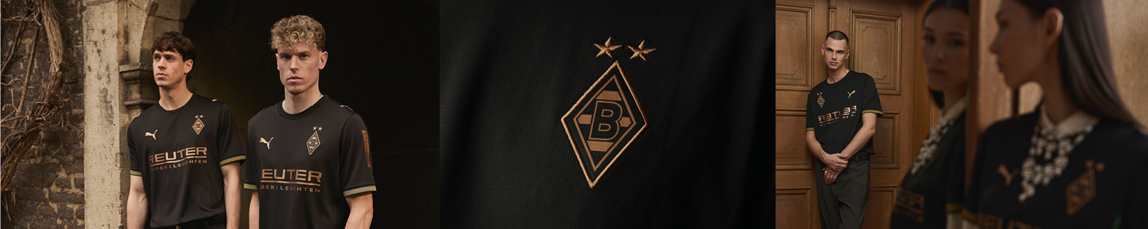 Two model in black Borussia Mönchengladbach kits, with close-ups of the logo and people standing by wooden panels.