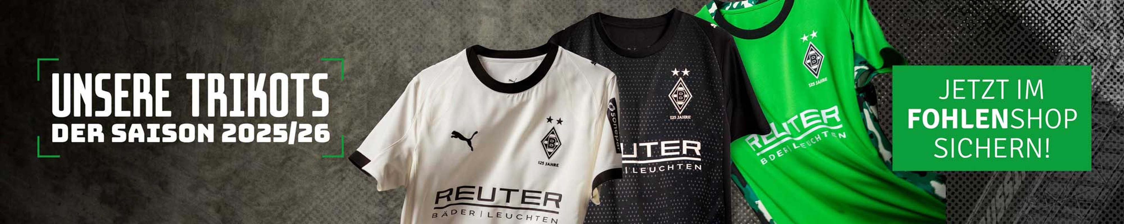 Three Borussia Mönchengladbach jerseys in white, black, and green. Text: "Unsere Trikots der Saison 2023/26" and "Jetzt im Fohlenshop sichern!"