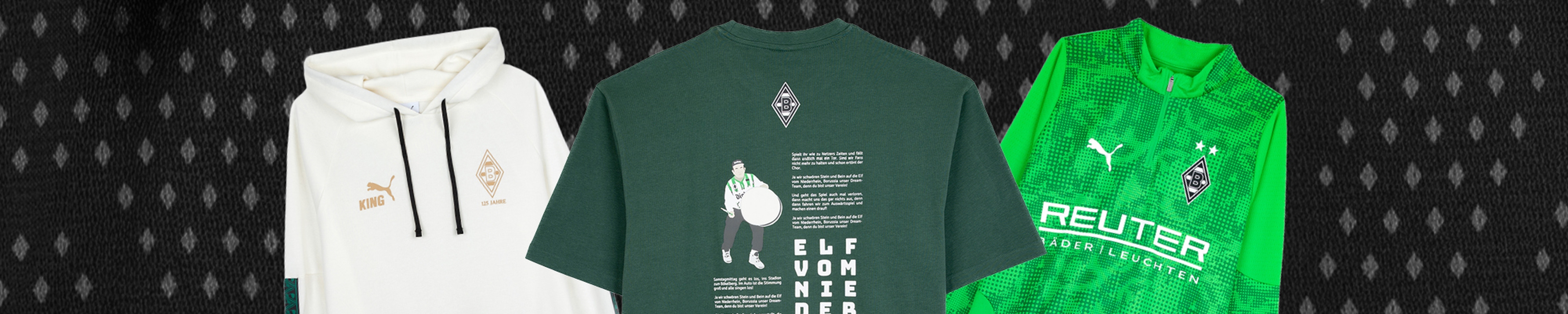 A collection of Borussia Mönchengladbach merchandise, including a white hoodie, a green t-shirt, and a green soccer jersey on a patterned background.