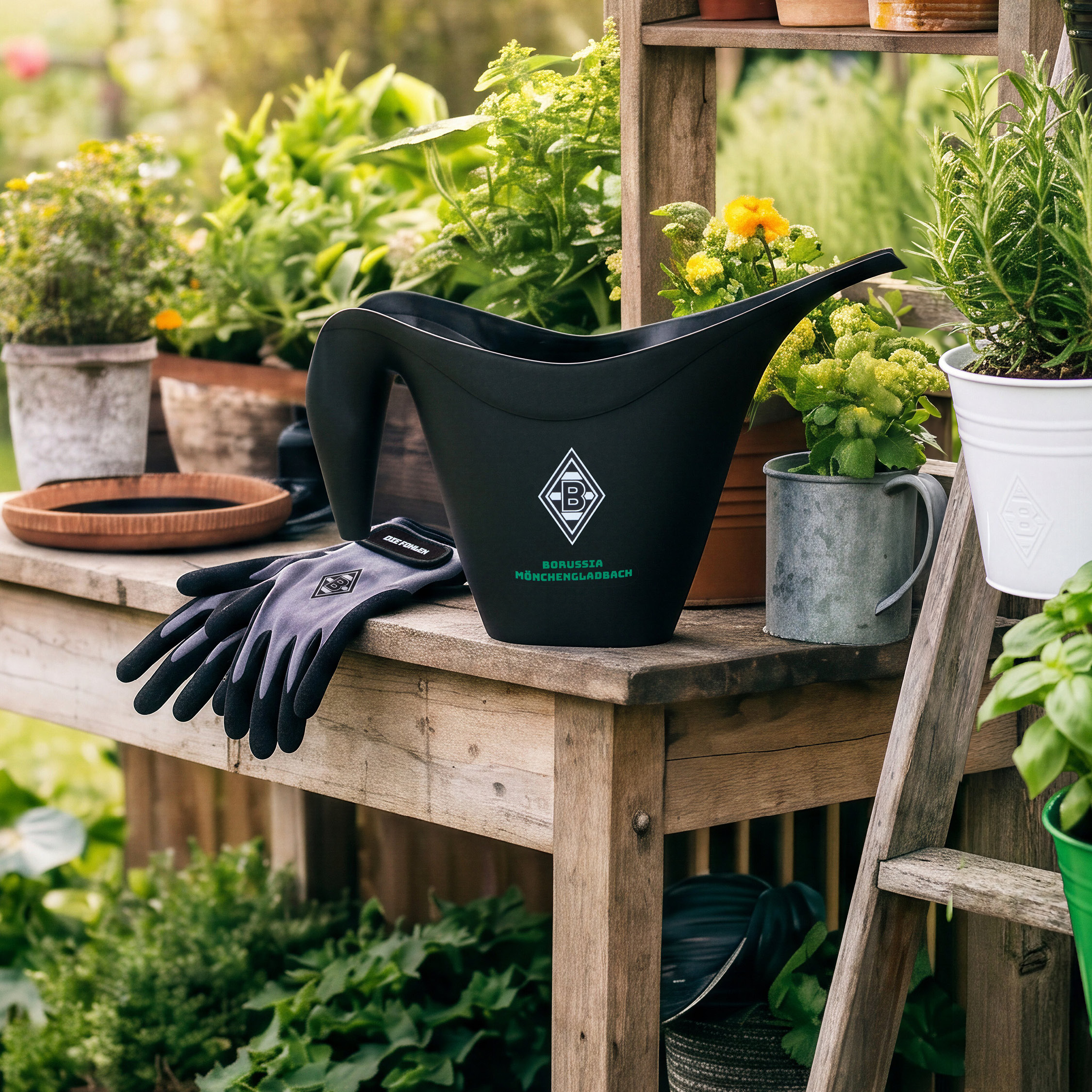 Watering can and gloves on a wooden table with potted plants and flowers, set in a lush garden background.