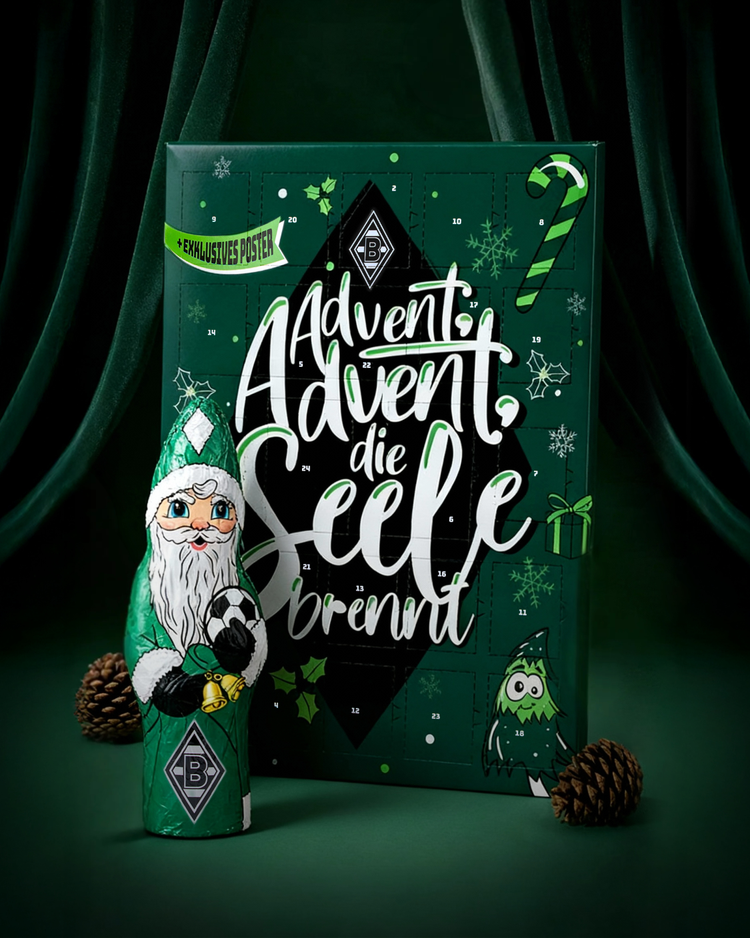 Green advent calendar with German text, featuring a Santa figure, pinecones, and festive decorations against a dark green curtain backdrop.