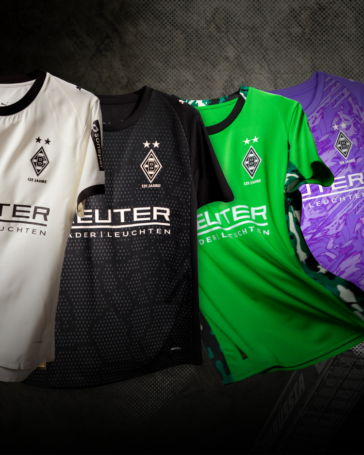 Four soccer jerseys in white, black, green, and purple display "BORUSSIA" crest and "FLUTER" sponsor logo. Dark and detailed background.
