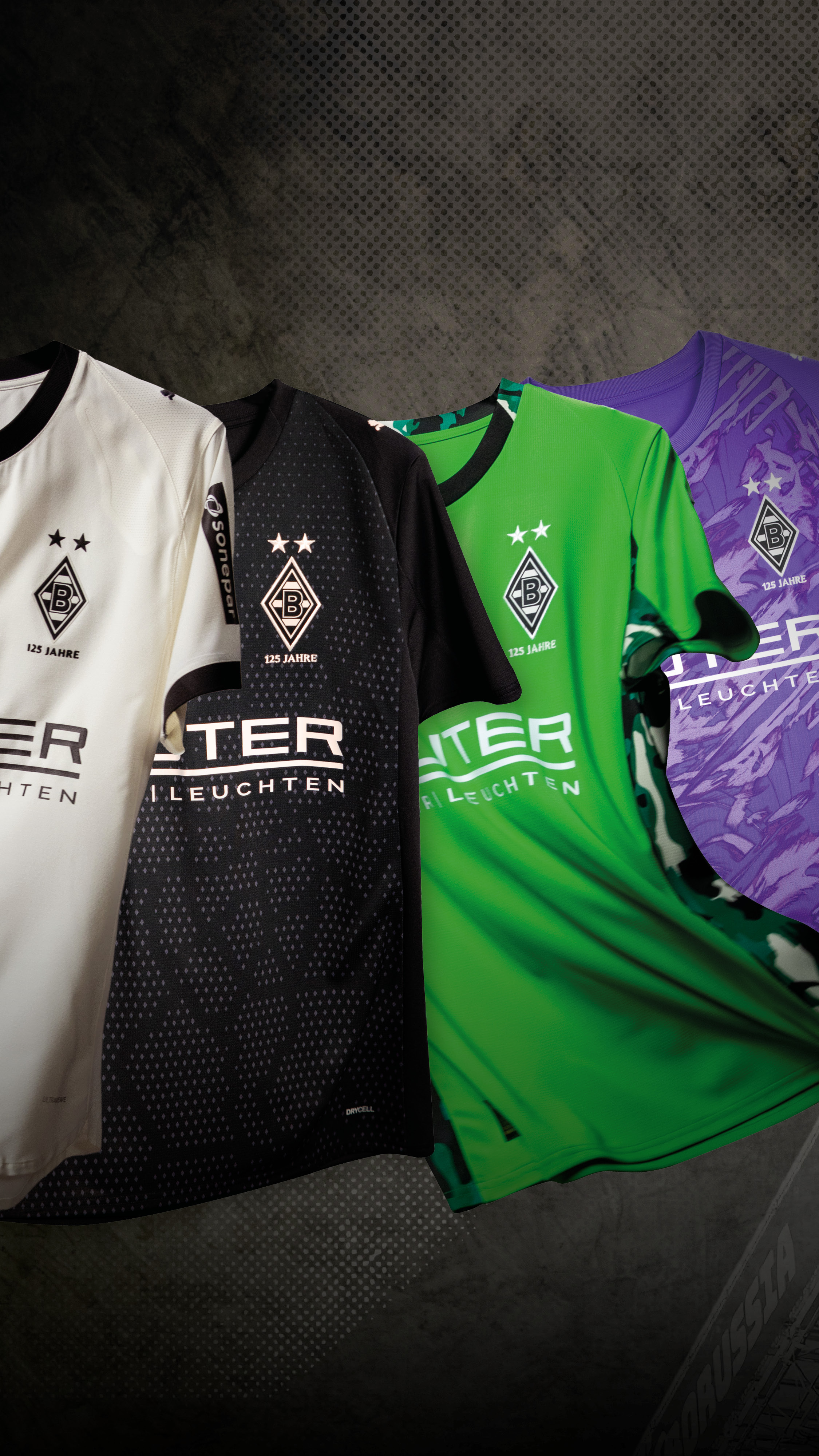 Three Borussia Mönchengladbach jerseys in white, black, and green with logos and sponsor text, displayed against a dark textured background.