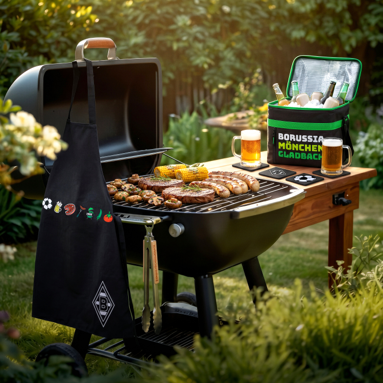 Grill with meats and corn, apron with sports icons, and beers next to a Borussia Mönchengladbach cooler in a lush backyard setting.