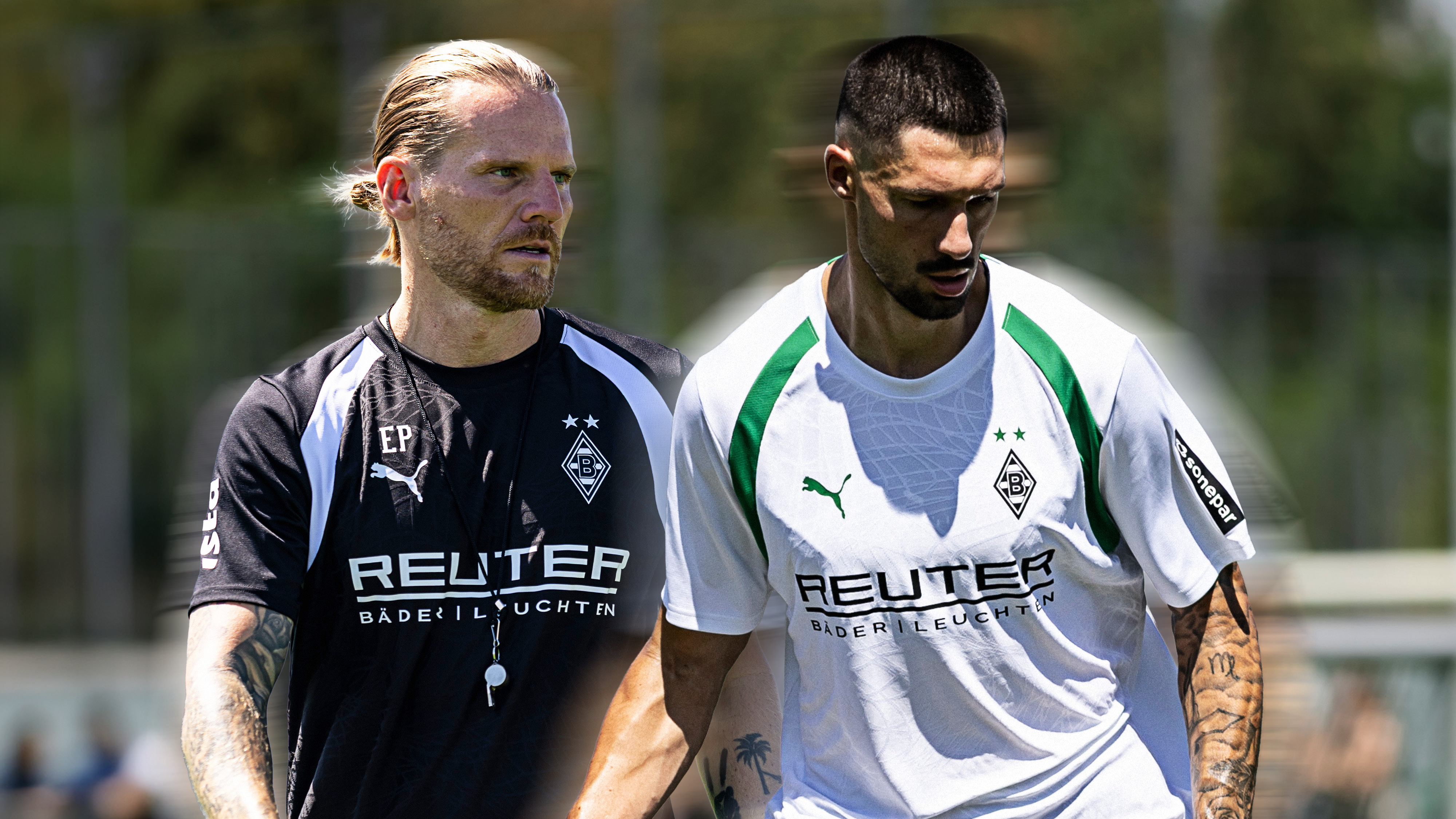 Two men in sports attire stand together on a sunny day, both wearing shirts with logos, one in black and the other in white and green.