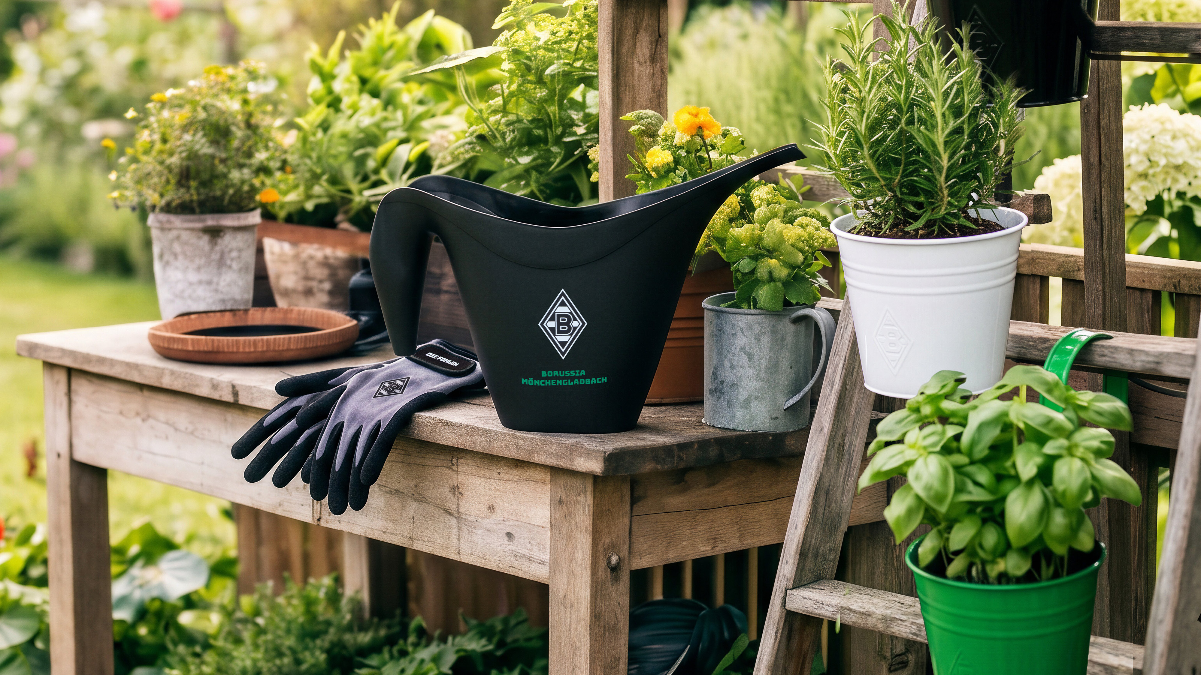 Watering can, gardening gloves, and potted herbs and flowers on a wooden table in a lush garden setting.