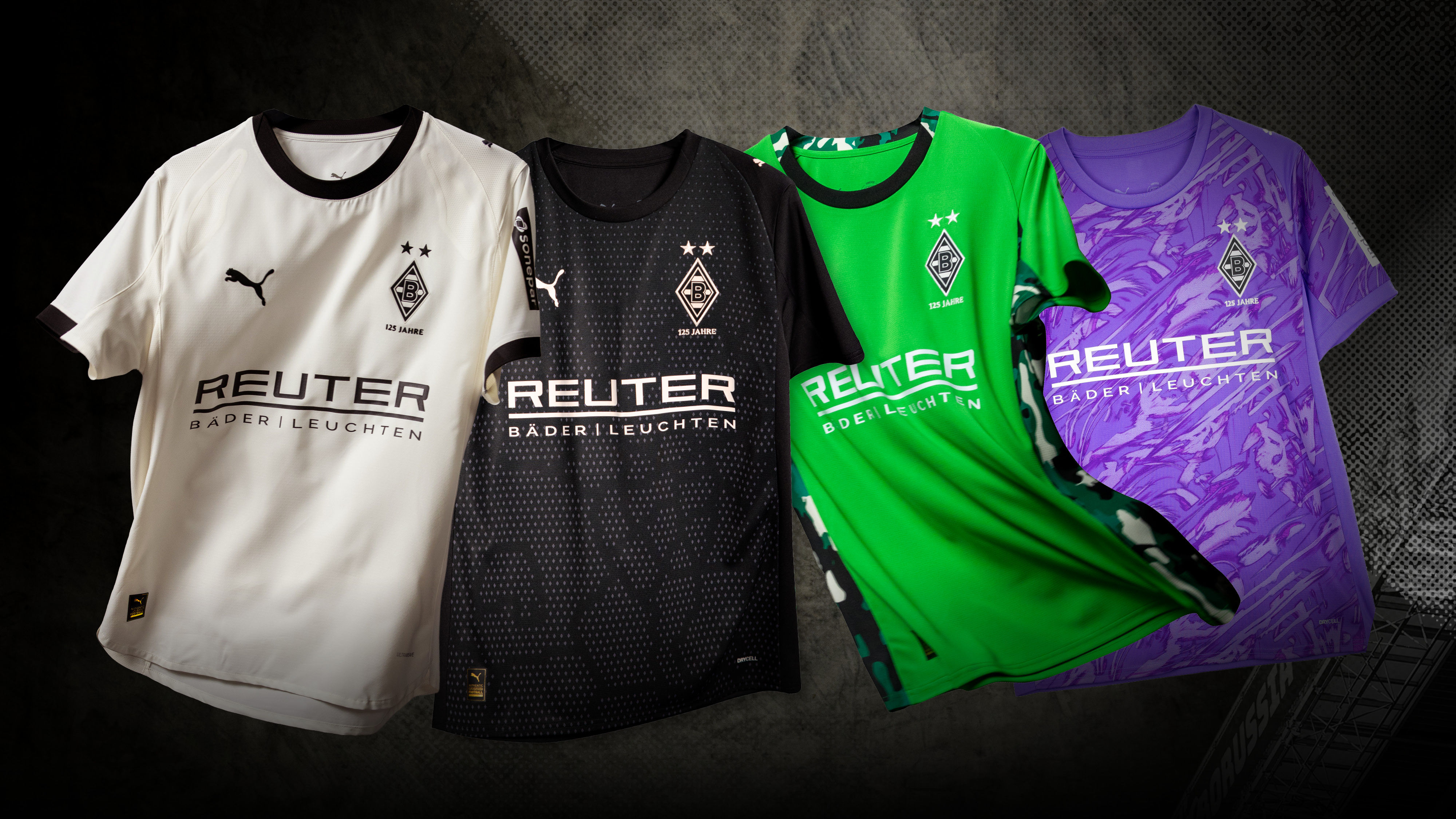 Four Borussia Mönchengladbach jerseys in white, black, green, and purple are displayed against a dark background.