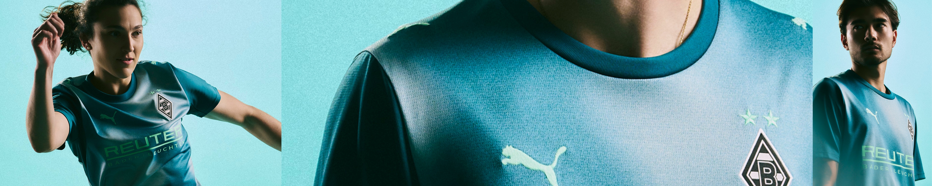 Two people wearing blue football jerseys, featuring the Borussia Mönchengladbach logo and Puma branding, against a light blue background.