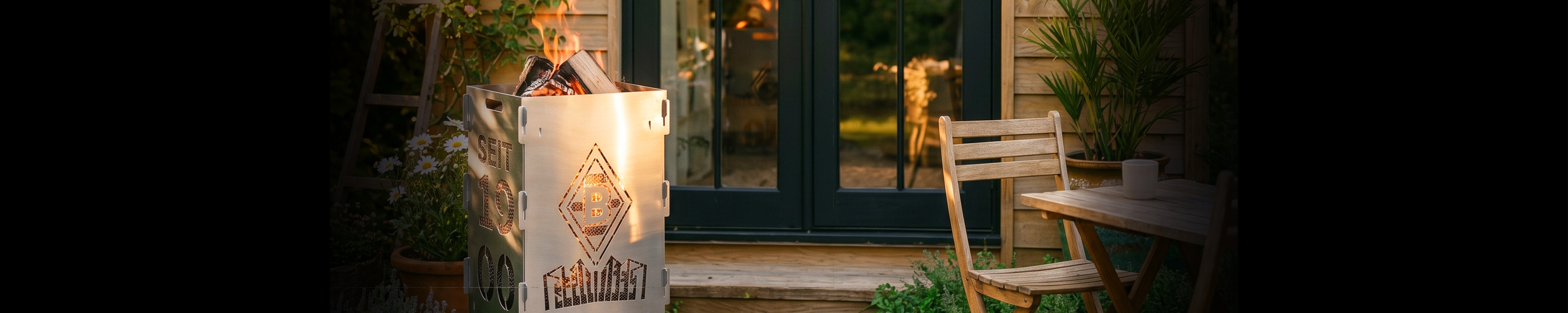 A metal fire pit with wood burning inside stands on a wooden deck, next to a wooden chair and table, in front of glass doors.