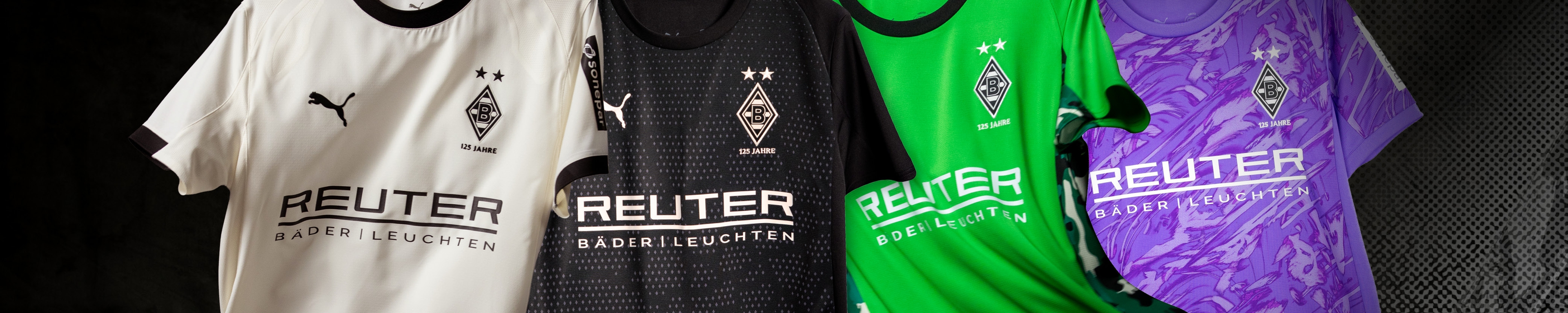Four Borussia Mönchengladbach jerseys are displayed: white, black, green, and purple, all featuring the team logo and sponsor.