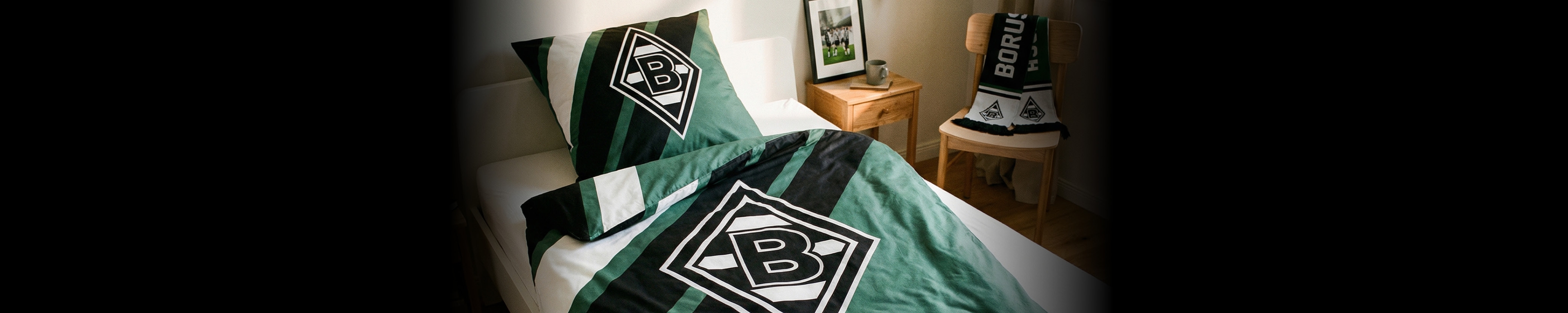 Single bed with green, black and white sports-style bedding featuring a large diamond-shaped emblem with a "B"; bedside table and scarf on a chair.