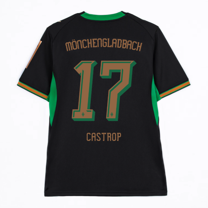 Back of a black Borussia Mönchengladbach jersey with "Castrop" and number 17 in gold lettering and green trim.