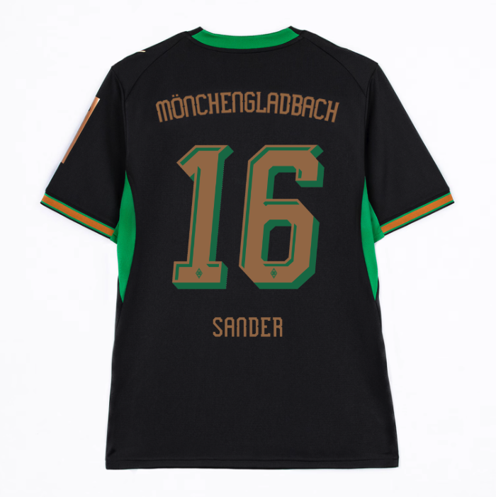 Back of a Mönchengladbach soccer jersey with the name "Sander" and number 16 in brown and green details on a black background.