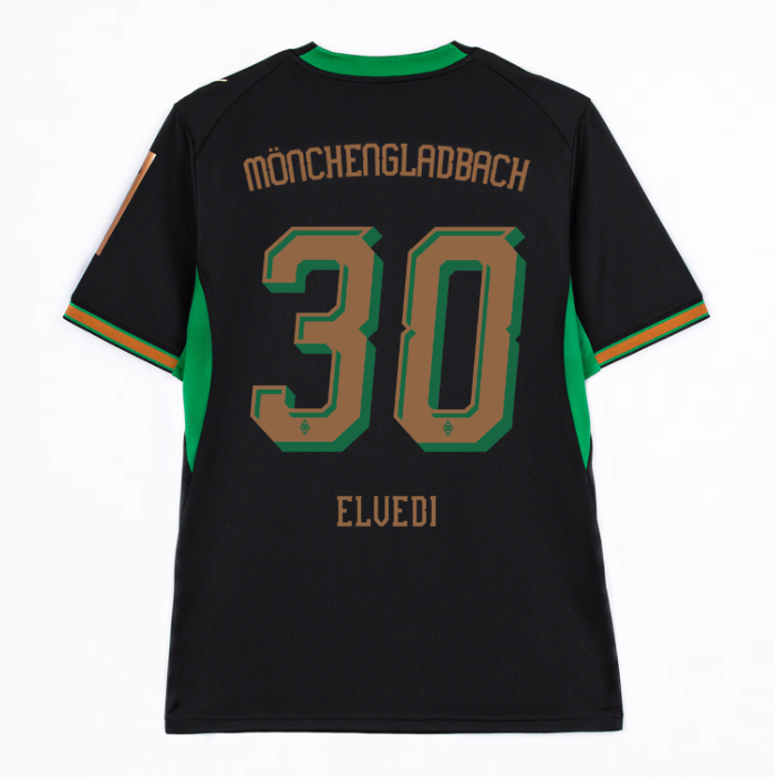 Black and green Mönchengladbach jersey with "30" and "Elvedi" on the back.