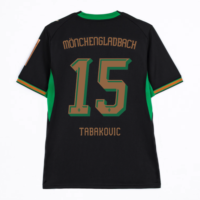 Black and green soccer jersey with "Mönchengladbach", number 15, and name "Tabakovic" on the back.