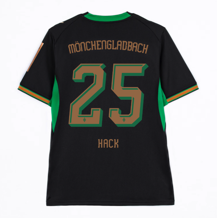 Black soccer jersey with "Mönchengladbach" and number 25 in bold green-brown, "Hack" below, green accents on sleeves.