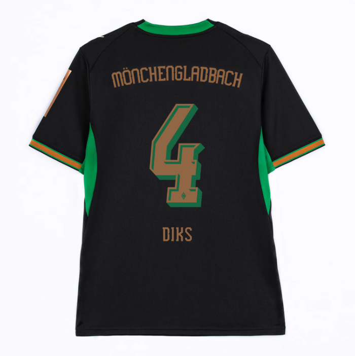 Black and green football jersey with "Mönchengladbach," number 4, and "Diks" printed on the back.