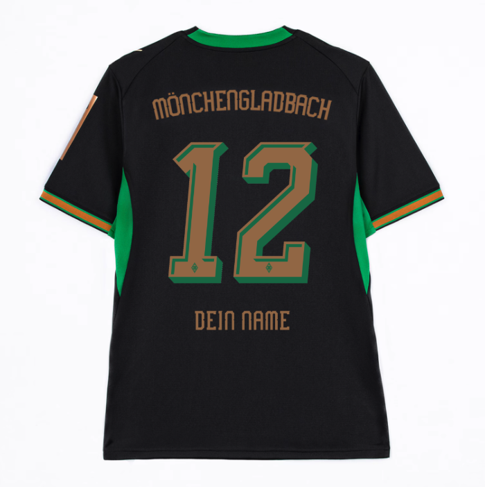 Black Mönchengladbach soccer jersey with green accents, displaying “12” and “DEIN NAME” on the back.