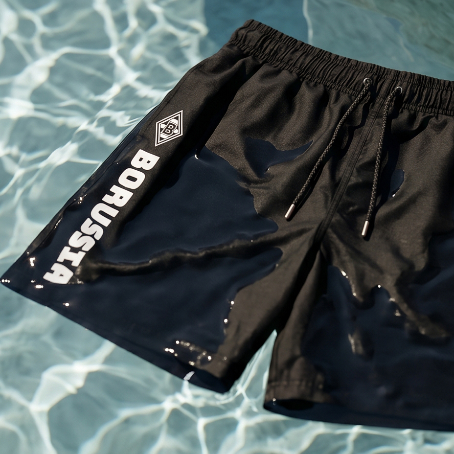 Black swim trunks with "BORUSSIA" text and emblem, partially submerged in a pool with rippling water.