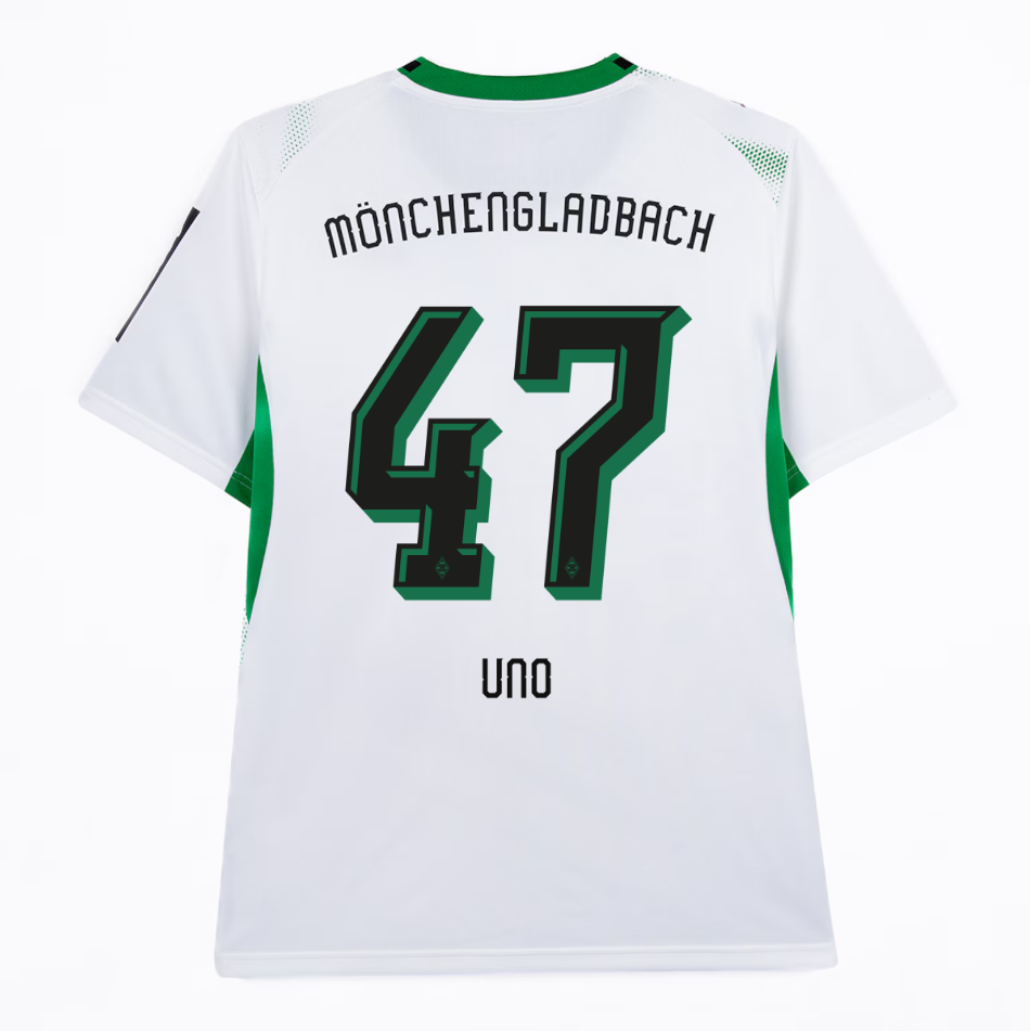 Back view of a white Mönchengladbach soccer jersey with the number 47 and the name "Uno" printed on it.