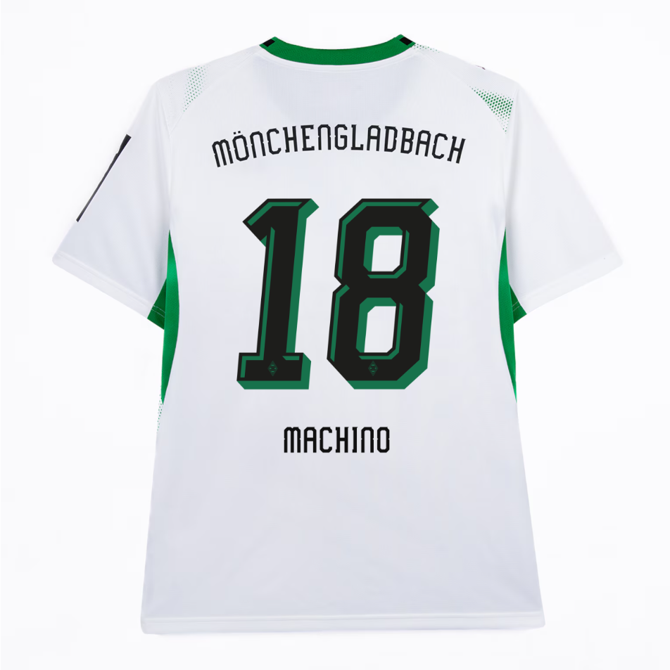 White Mönchengladbach football jersey with green accents, featuring the number 18 and name "Machino" on the back.
