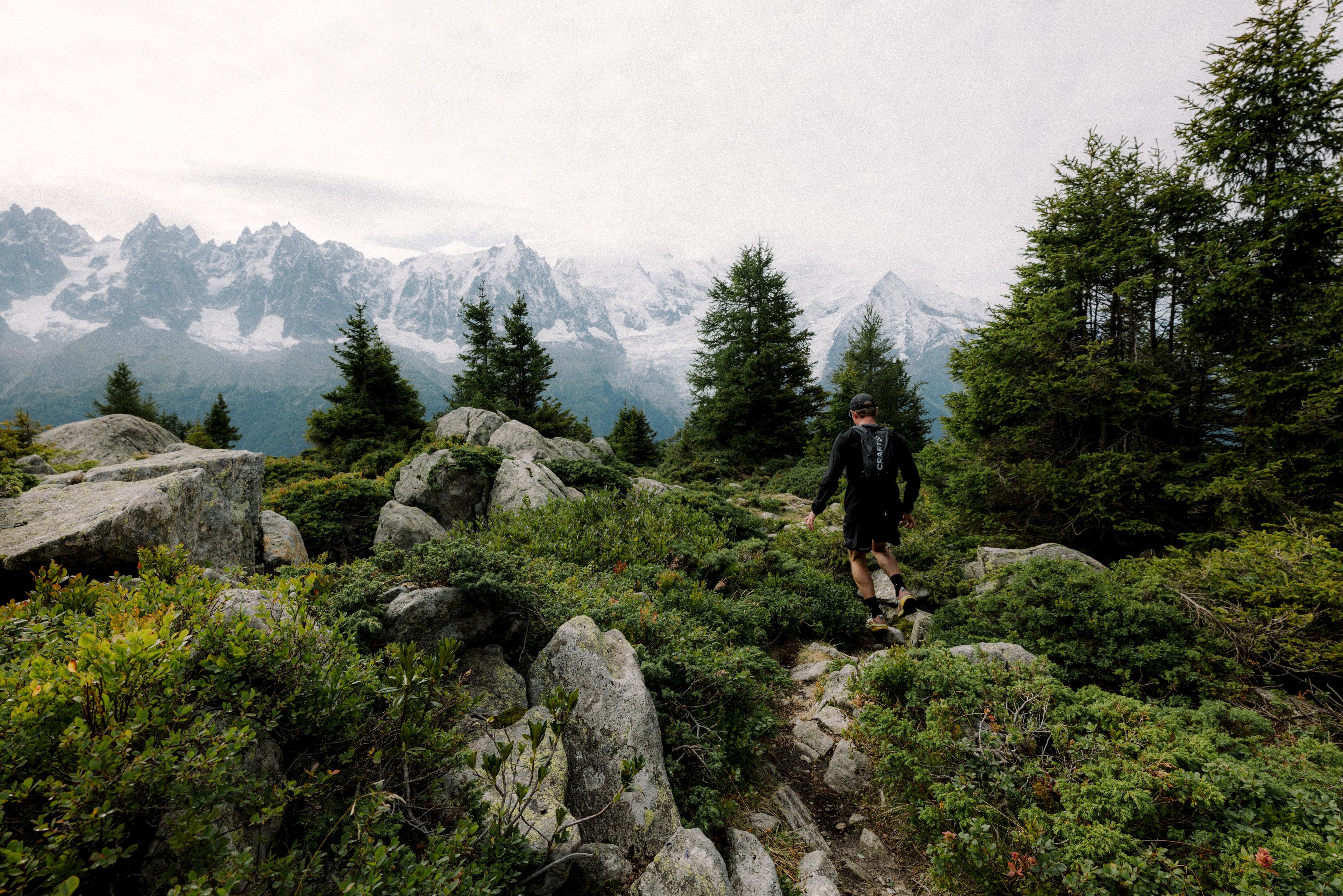 A hiker walks along a rocky trail surrounded by greenery, with snow-capped mountains in the background under a cloudy sky.