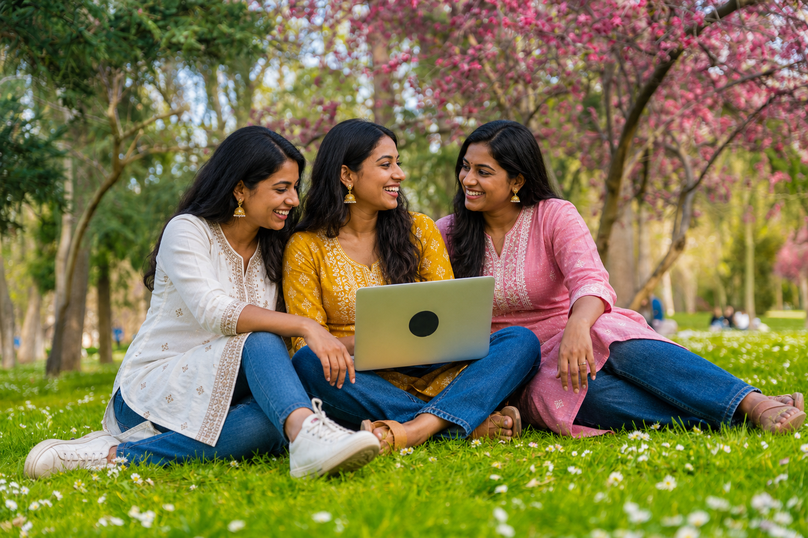 Three Women Laughing Together in a Grassy Park