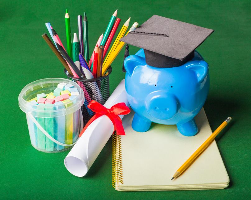 College graduate student diploma piggy bank