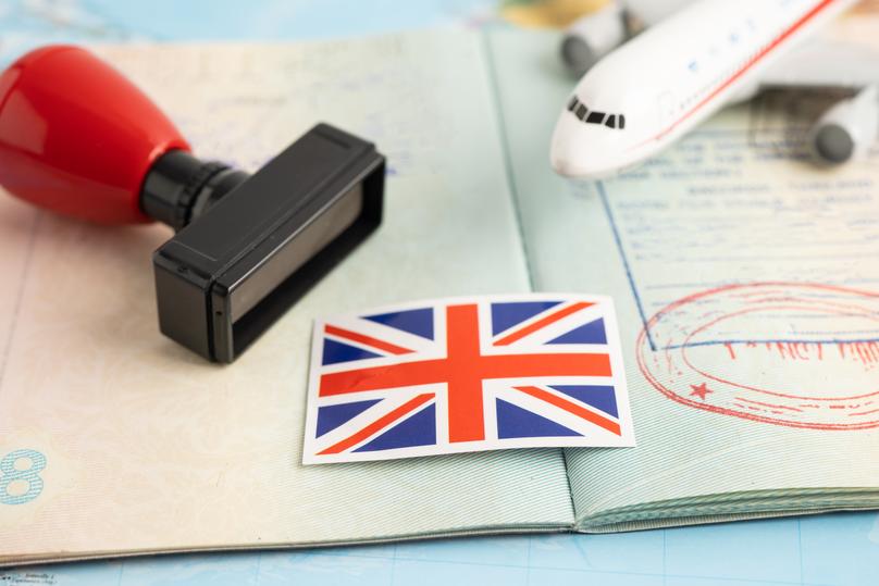 Passport with Stamp, Flag, and Airplane Model