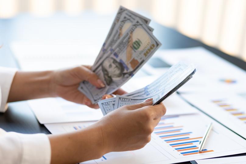 Hand holding banknotes counting money.