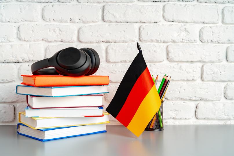 Studying German Language with Books and Headphones