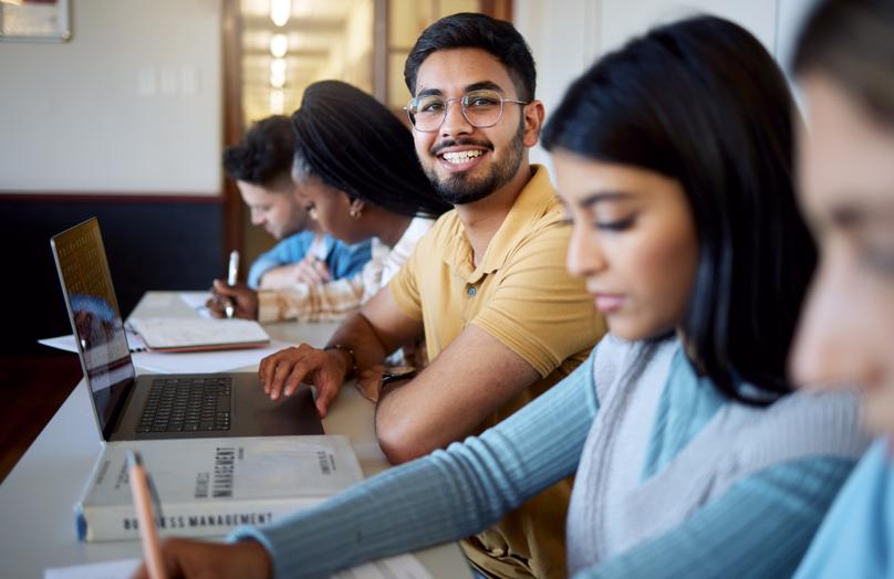 Education, university and students in lecture studying and learning business management. Scholarshi