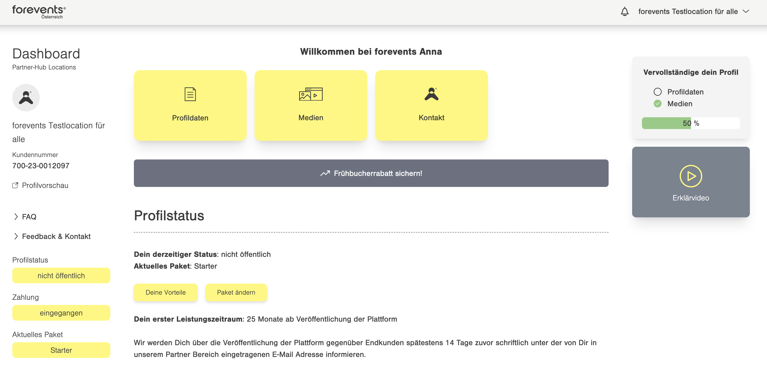 Dashboard interface with profile status, media, and contact options. Progress bar at 56%. Text in German.