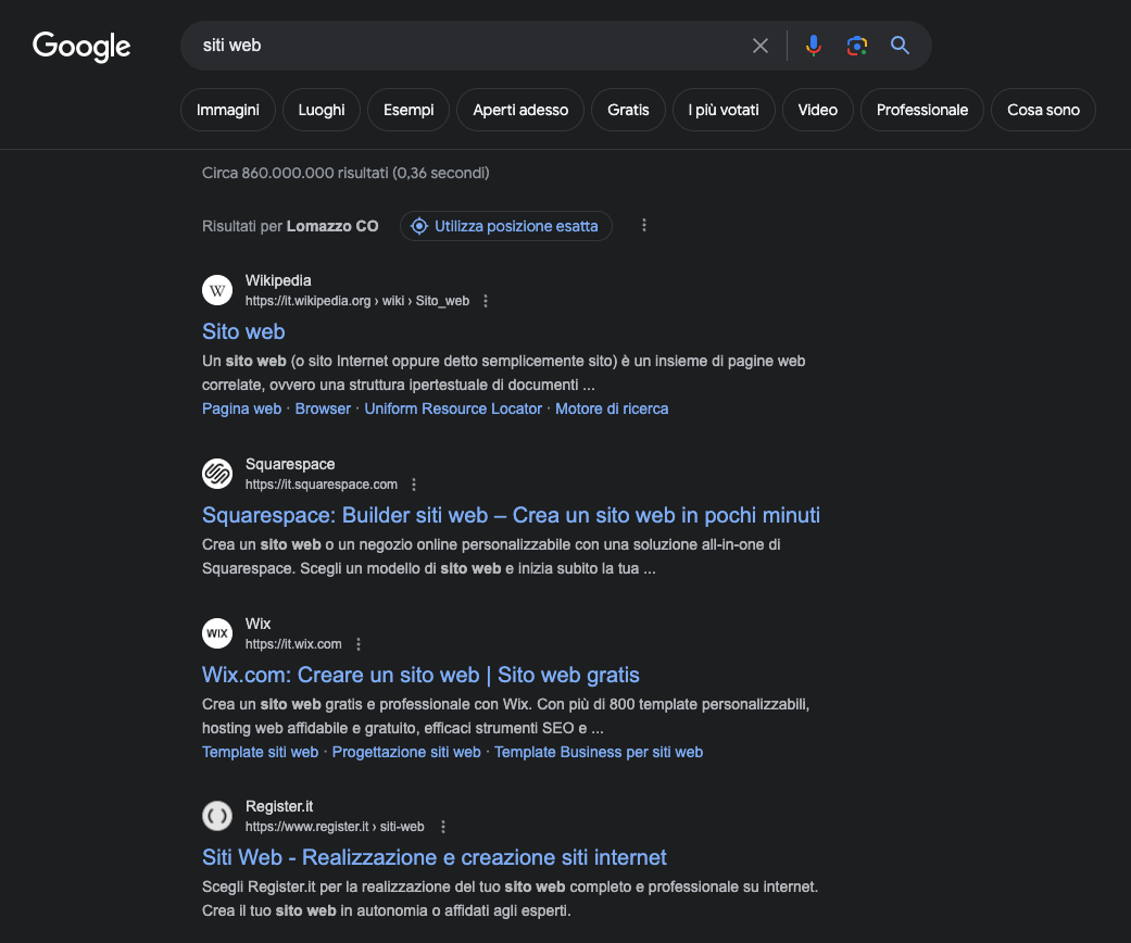 Esempio di indicizzazione e posizionamento su google