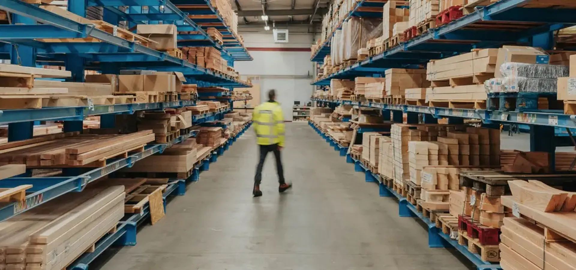 Man loopt door een hal met hout voorraad