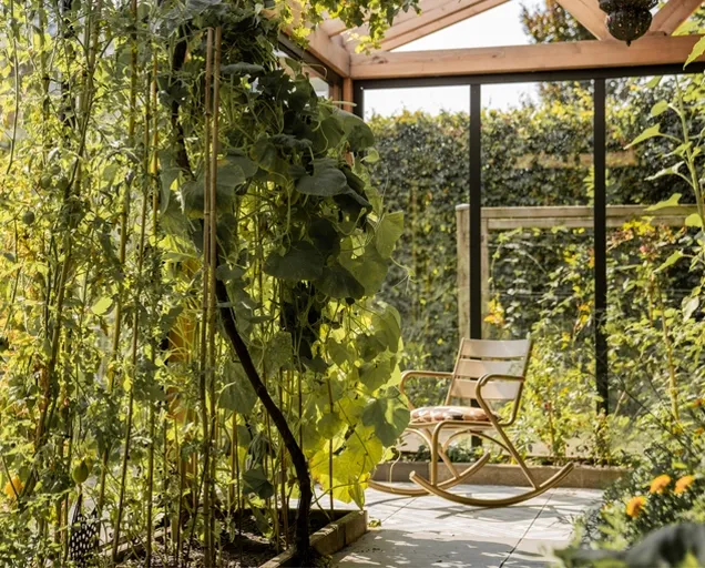 Tuinkas vol met planten en een schommelstoel
