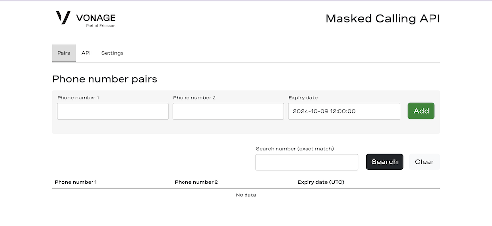 Screenshot of Masked Calling API browser application