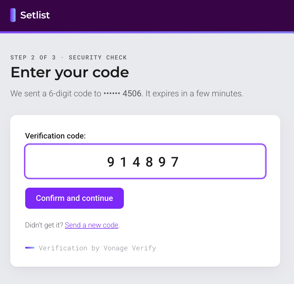 The Setlist code entry page showing a masked destination number and a wide monospaced input containing the digits 9 1 4 8 9 7.