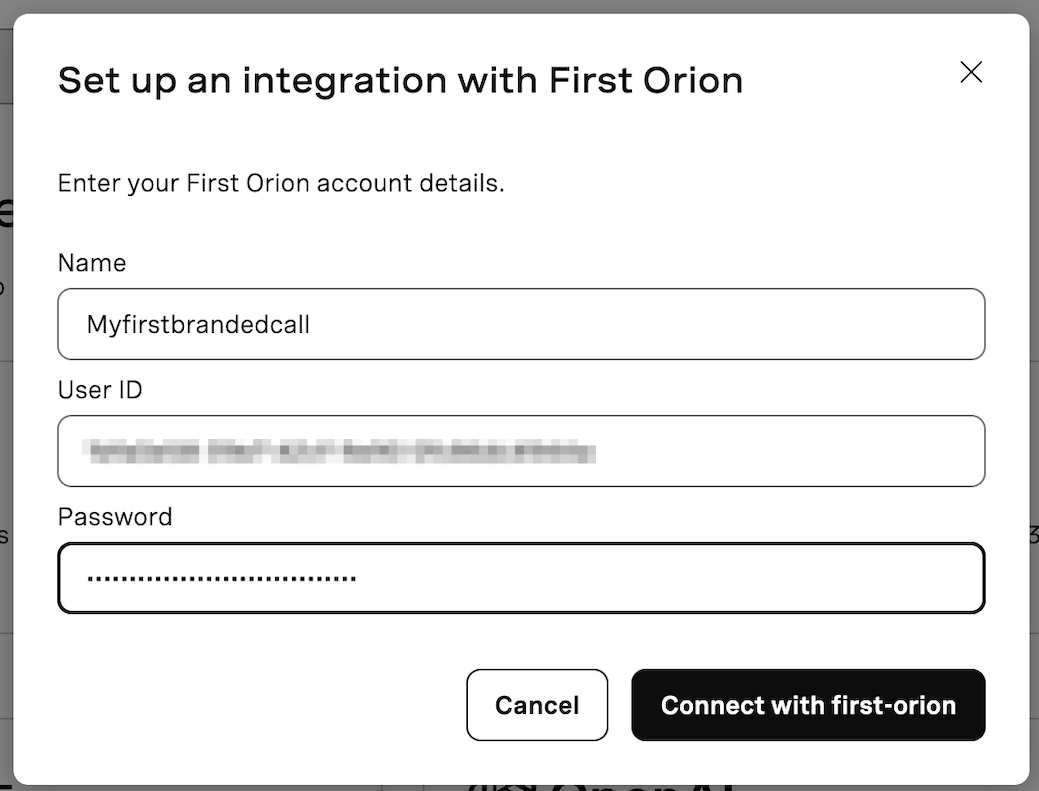 Vonage dashboard modal for setting up First Orion integration with fields for name, user ID, and password