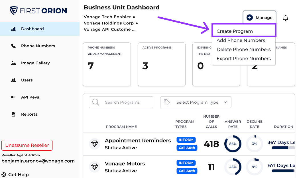 First Orion dashboard showing business unit view with options to create a program and manage phone numbers