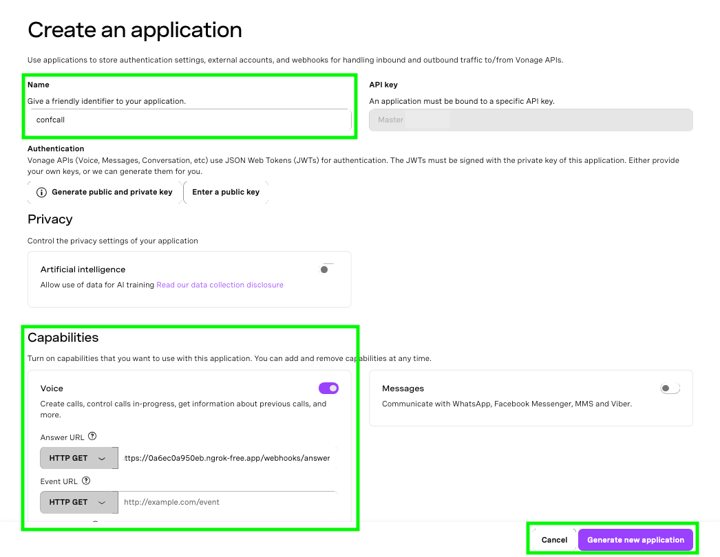 A screenshot of the Create an application menu in the Vonage developer dashboard.