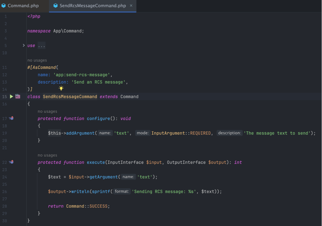 Screenshot showing the execute method written according to Symfony standards
