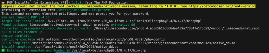 Screenshot of a successfully built and loaded PHP module using PIE in the terminal